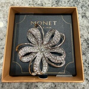 Monet Silver Crystal Flower Brooch